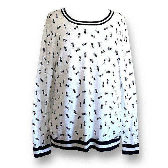 J Crew Womens Teddie Sweater Sz L Pineapple Print Navy Blue White Preppy Coastal - Picture 1 of 6